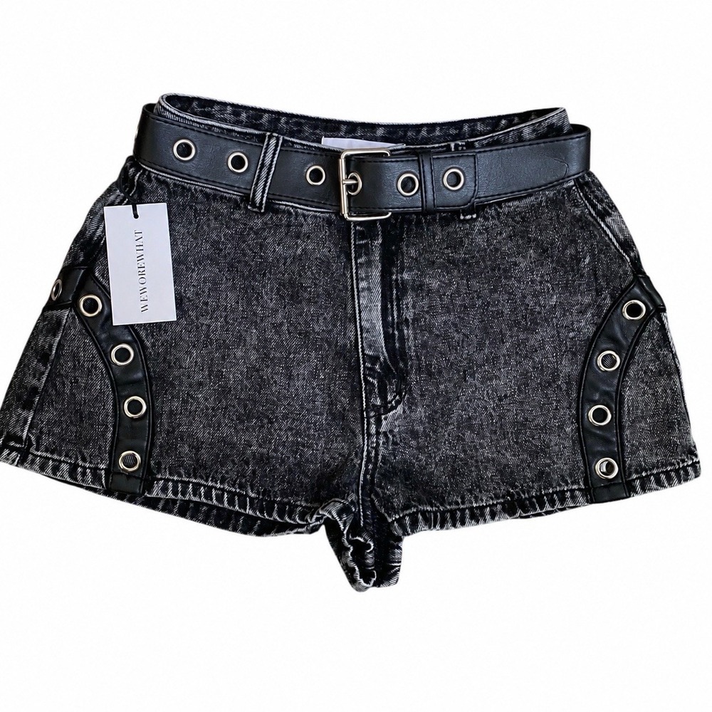 WeWoreWhat Grommet Belted Jean Shorts Size 24 Black Acid Wash Punk Goth Grunge - Picture 2 of 10